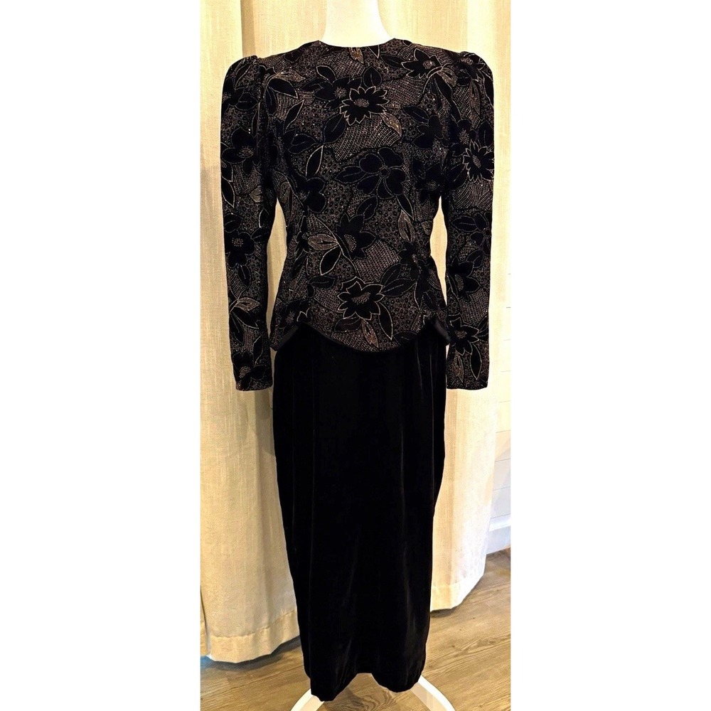 Scott McClintock Maxi Dress Women 12 Black Excellent Velvet Floral Glitter 90s
